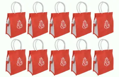 JP 23 – Eco-Friendly Jute Return Gift Bags with Vinayagar Print & Zip Closure – Orange, Pack of 10 auto draft