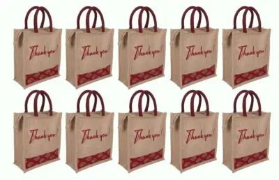 JP 22 – Eco-Friendly Jute Return Gift Bags with Thank You Print & Zip Closure – Pack of 10 eco friendly jute return gift bags with thank you print & zip closure – pack of 10