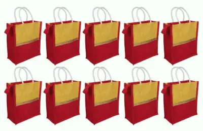 JP 21 – Eco-Friendly Jute Return Gift Bags with Zip Closure – Golden Yellow & Red Combo, Pack of 10 Bags eco friendly jute return gift bags with zip closure – golden yellow & red combo, pack of 10 bags