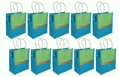 JP 20 – Eco-Friendly Jute Return Gift Bags with Zip Closure – Golden Yellow & Blue Combo, Pack of 10 Bags eco friendly jute return gift bags with zip closure – golden yellow & blue combo, pack of 10 bags