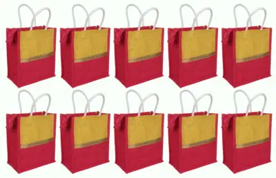 JP 19 – Eco-Friendly Jute Return Gift Bags with Zip Closure – Golden Yellow & Pink Combo, Pack of 10 Bags. auto draft