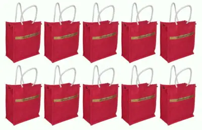 JP 17 – Premium Red Jute Gift Bags with Golden Lace Border & Zip Closure – Pack of 10 premium red jute gift bags with golden lace border & zip closure – pack of 10