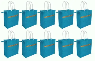JP 16 – Premium Blue Jute Gift Bags with Golden Lace Border & Zip Closure – Pack of 10 premium blue jute gift bags with golden lace border & zip closure – pack of 10