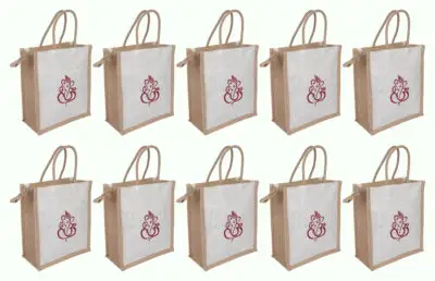 JP 15 – Premium White Jute Gift Bags with Vinayagar Print & Zip Closure – Pack of 10 premium white jute gift bags with vinayagar print & zip closure – pack of 10