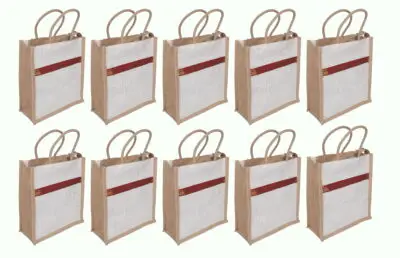 JP 14 – Premium White Jute Gift Bags with Red Designer Lace Border & Zip Closure – Pack of 10 premium white jute gift bags with red designer lace border & zip closure – pack of 10