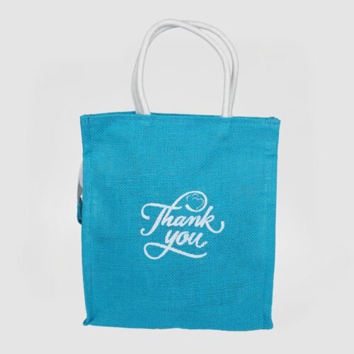 eco friendly jute return gift bags with thank you print & zip closure – blue, pack of 10