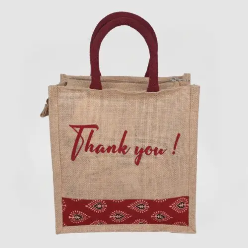 eco friendly jute return gift bags with thank you print & zip closure – pack of 10