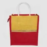 eco friendly jute return gift bags with zip closure – golden yellow & red combo, pack of 10 bags