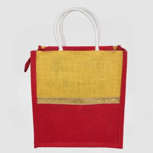eco friendly jute return gift bags with zip closure – golden yellow & red combo, pack of 10 bags