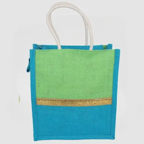 eco friendly jute return gift bags with zip closure – golden yellow & blue combo, pack of 10 bags