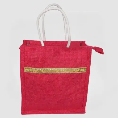 premium red jute gift bags with golden lace border & zip closure – pack of 10