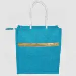 premium blue jute gift bags with golden lace border & zip closure – pack of 10