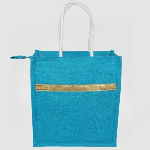 premium blue jute gift bags with golden lace border & zip closure – pack of 10