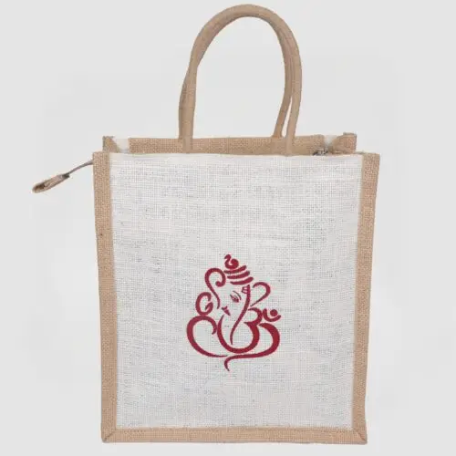 premium white jute gift bags with vinayagar print & zip closure – pack of 10