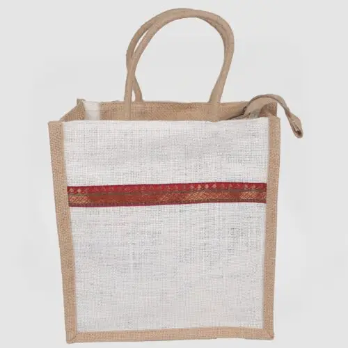 premium white jute gift bags with red designer lace border & zip closure – pack of 10